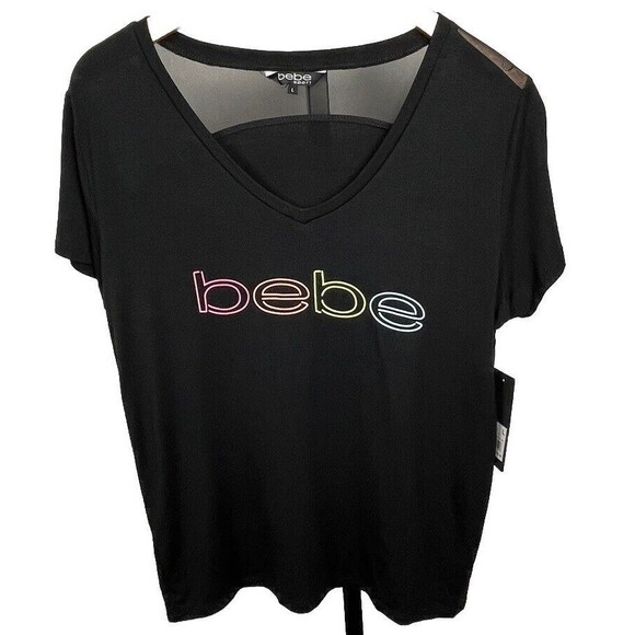 Bebe Sport Black T Shirt Large NWT Rainbow Spellout Logo V-Neck Sheer Back Edgy - Picture 1 of 4